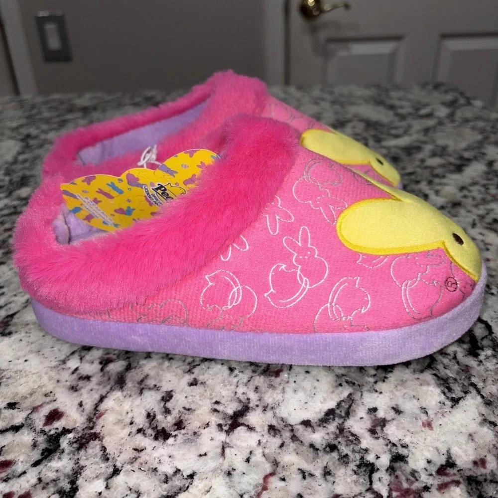 Peeps Slippers‎ Girls Size 13-1 Pink Yellow Slip On Faux Fur Lined Plush Shoes